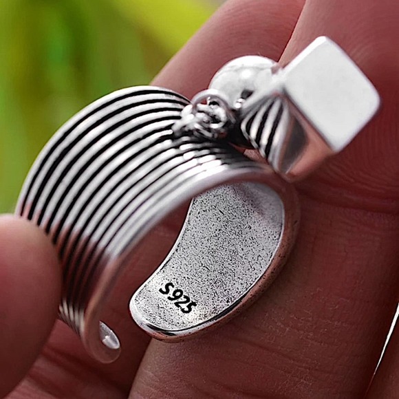 STERLING SILVER BALL SQUARE CHARM BAND ADJUSTABLE RESIZABLE RING - Picture 8 of 13